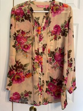 Woman Within Khaki Floral Print Sheer Blouse with Pink Label